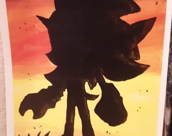Impresión artística de Shadow the Hedgehog, arte de Sonic the Hedgehog, silueta de Shadow the Hedgehog al atardecer