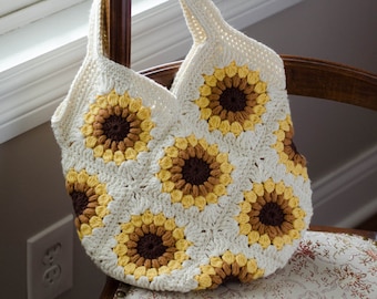 Crochet Bag Pattern, Granny Square Crochet Pattern,  Crochet Sunflower purse pattern, Instant Download PDF