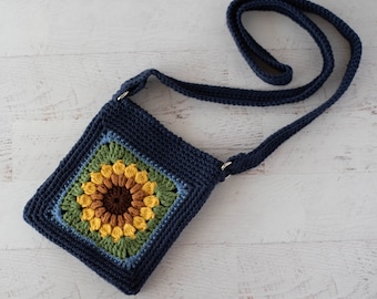 Crochet Crossbody Bag Pattern, Granny Square Crochet Pattern,  Crochet Sunflower purse pattern, Instant Download PDF