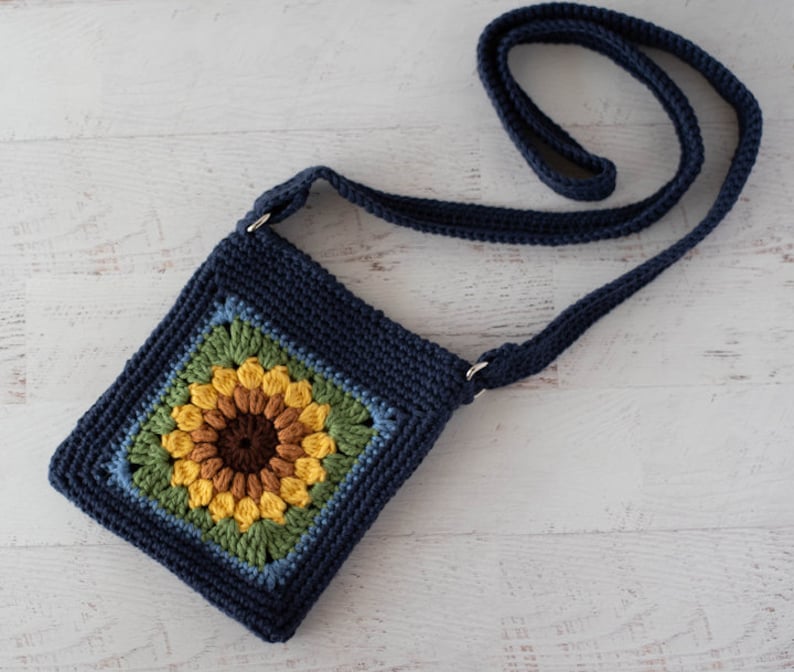 Crochet Crossbody Bag Pattern, Granny Square Crochet Pattern, Crochet Sunflower purse pattern, Instant Download PDF image 1