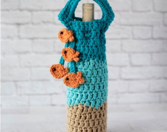 Beach Themed Wine Bottle Bag Pattern, Sand and Sea Crochet Wine Cozy Pattern, Crochet Pattern PDF