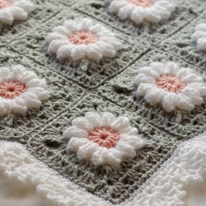 May include: A gray crocheted baby blanket with a white crocheted border and a pattern of pink and white flowers.
