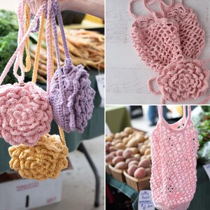 May include: A collection of handmade crochet bags featuring floral-shaped designs in light pink, lavender, and yellow, alongside a light pink mesh-style crochet bag with long straps, showcasing intricate yarn work and textured petal-like details.