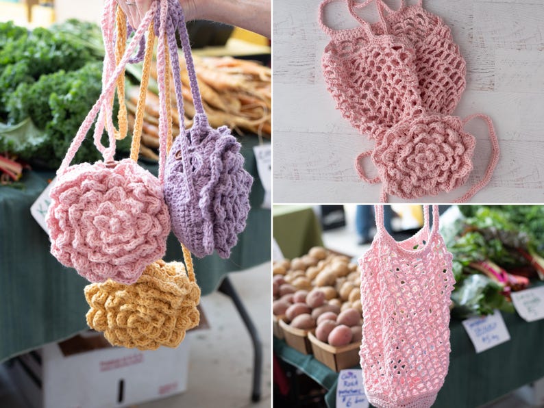 May include: A collection of handmade crochet bags featuring floral-shaped designs in light pink, lavender, and yellow, alongside a light pink mesh-style crochet bag with long straps, showcasing intricate yarn work and textured petal-like details.