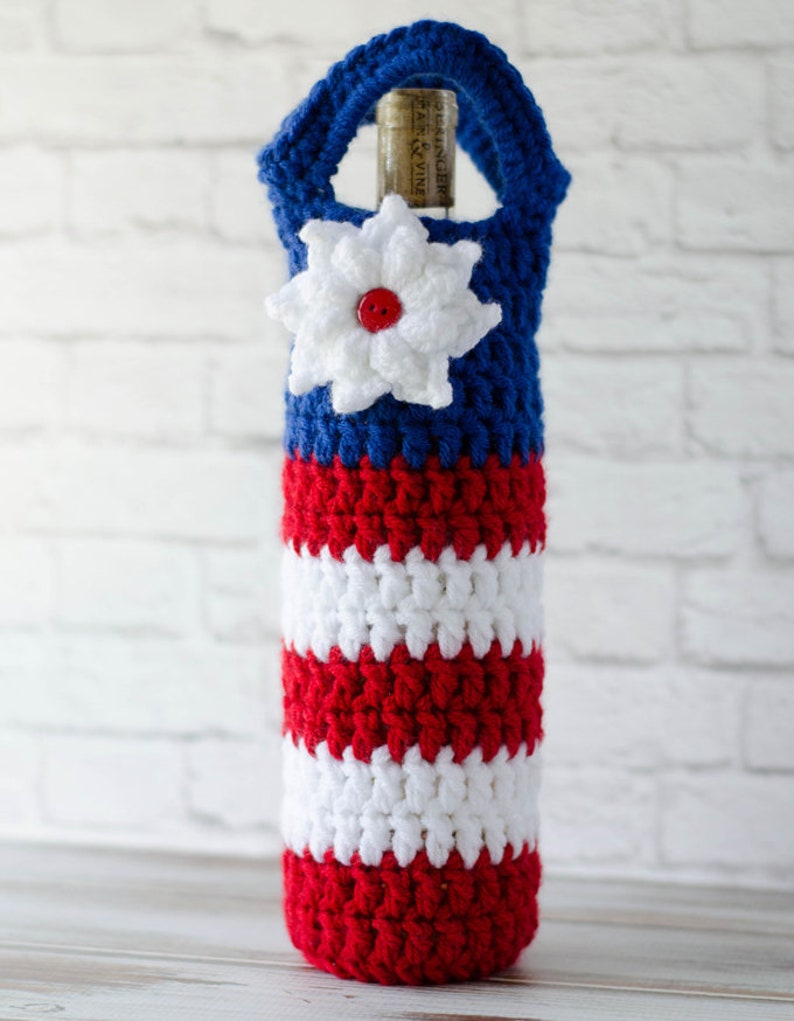 Crochet Wine Cozy Pattern, Crochet Flag Pattern, Crochet 4th of July Wine Cozy Pattern, Crochet Pattern PDF image 2