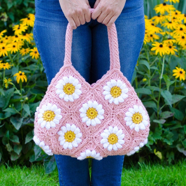 Crochet Granny Style Bag, Crochet Daisy Purse,  Crochet purse pattern, Instant Download PDF