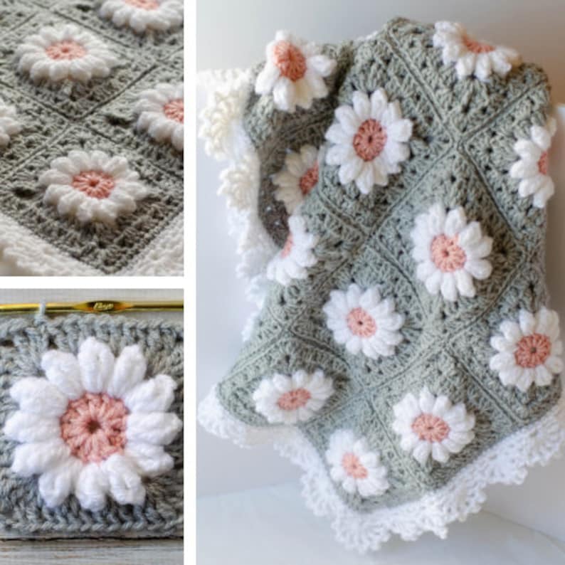 May include: A crocheted baby blanket with a white daisy pattern on a sage green background. The blanket has a white crocheted border.