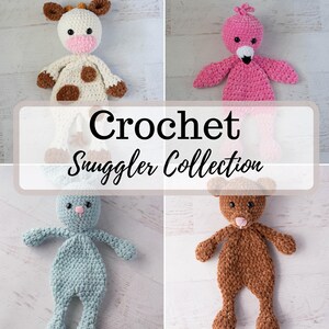 May include: A collection of four handmade crochet animal snugglers featuring a white and brown giraffe, a bright pink flamingo, a light blue rabbit, and a brown bear, all with safety eyes and soft yarn textures, labeled Crochet Snuggler Collection.
