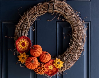 Fabulous Fall Crochet Wreath pattern - Wreath Pattern PDF - Crochet Pumpkins & Fall Flowers on Grapevine Wreath, CROCHET PATTERN download