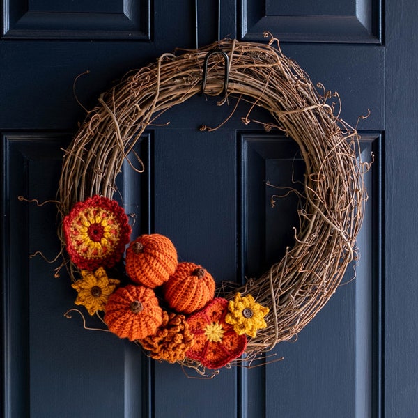 Fabulous Fall Crochet Wreath pattern - Wreath Pattern PDF - Crochet Pumpkins & Fall Flowers on Grapevine Wreath, CROCHET PATTERN download