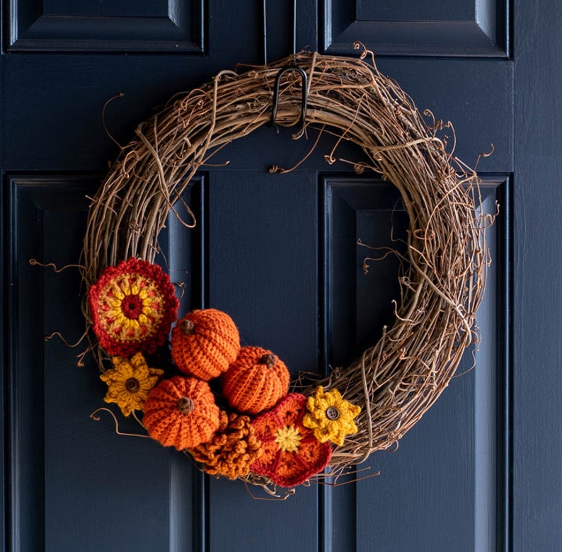 Fabulous Fall Crochet Wreath pattern Wreath Pattern PDF Crochet Pumpkins & Fall Flowers on Grapevine Wreath, CROCHET PATTERN download image 1