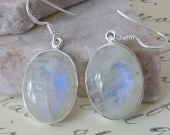 Rainbow Moonstone Earrings, Sterling Silver Rainbow Moonstone Earrings, Large Moonstone Earrings, Blue Flash Moonstone, Gemstone Appeal, GSA