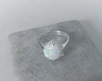 White Opal Ring, Sterling Opal Rings, Round Opal Ring, Minimalist Opal, Sparkly Flash Opal, October Birthstone Rings, Gemstone Appeal, GSA