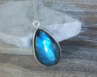 Labradorite Necklace, Sterling Silver Labradorite Pendant, Labradorite Teardrop Necklace, Blue Flash Labradorite, Gemstone Appeal, GSA