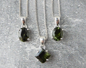 Moldavite Necklace Sterling Silver • Faceted Green Moldavite • Sterling Authentic Meteorite Pendant • Genuine Moldavite • Healing Stone