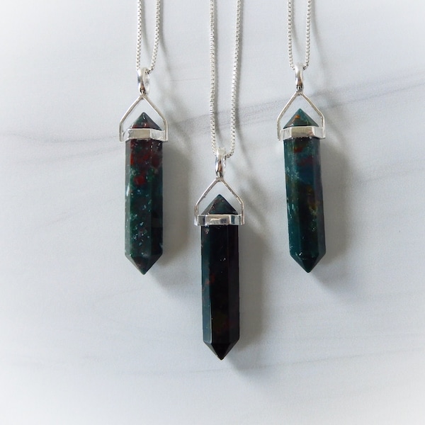 Bloodstone Necklace, Silver Bloodstone Point Pendant, Sterling Point, Healing Crystal Necklace, Layering Necklace, Gemstone Appeal, GSA