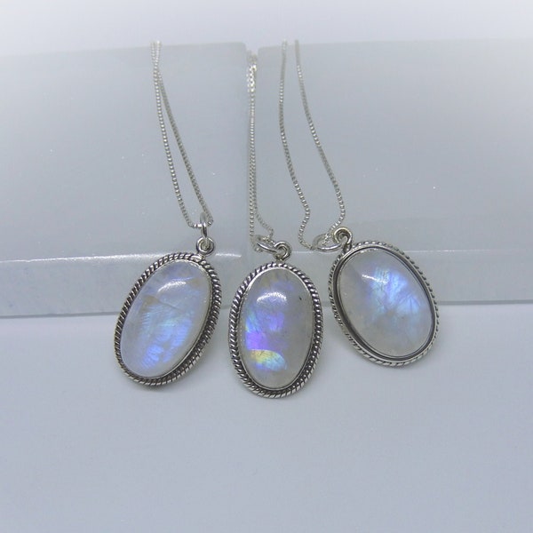 Rainbow Moonstone Necklace, Sterling Silver Moonstone Necklace, Moonstone Pendant, High Quality Blue Flash Moonstone, Gemstone Appeal, GSA