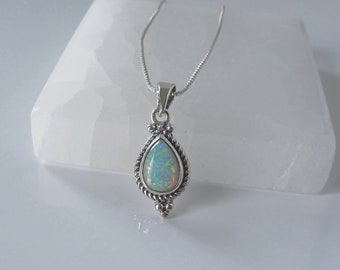 Opal Necklace, White Opal Pendant, White Opal Sterling Necklace, October Birthstone, Pear Opal Necklace, Sterling Opal, Gemstone Appeal, GSA