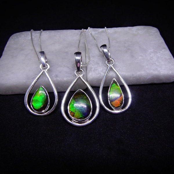 Ammolite Necklace, Iridescent Ammolite Pendant, Rare Ammolite Shell Necklace, Red Green Ammolite, Sterling Ammolite, Gemstone Appeal, GSA