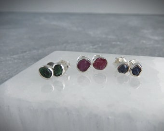 Ruby Earrings • Sapphire Earrings • Emerald Earrings • Raw Precious Gemstone Earrings Sterling Silver • Birthstone Earrings • Gift for her