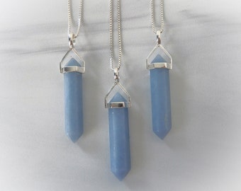 Blue Crystal Necklace, Blue Quartz Necklace, Light Blue Stone, Raw