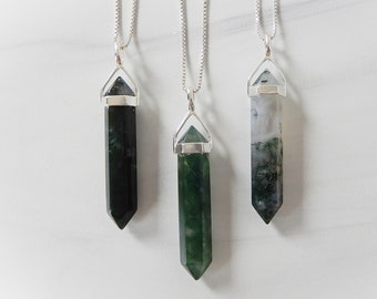 Green Moss Agate Point Pendant Necklace Stainless Steel Crystal Quartz Unisex