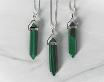 Malachite Necklace, Natural Malachite, Sterling Malachite Pendant, Green Malachite Point, Heart Chakra, Throat Chakra, Gemstone Appeal, GSA