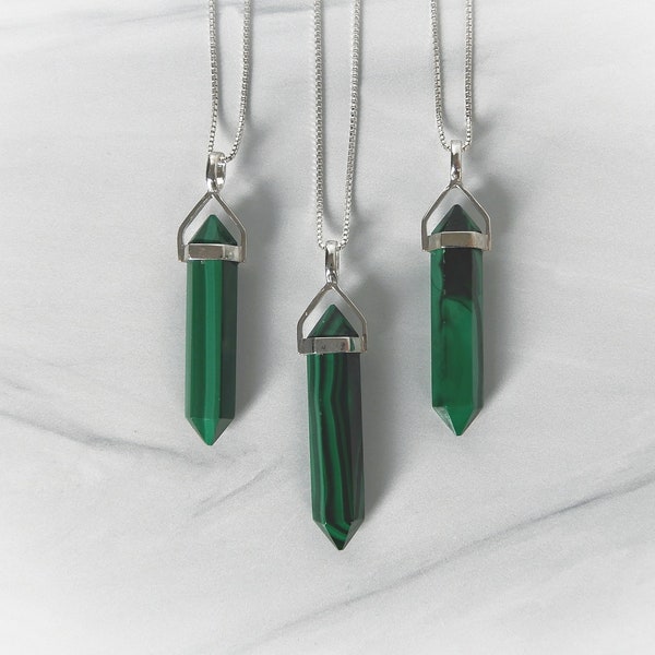 Malachite Necklace, Natural Malachite, Sterling Malachite Pendant, Green Malachite Point, Heart Chakra, Throat Chakra, Gemstone Appeal, GSA