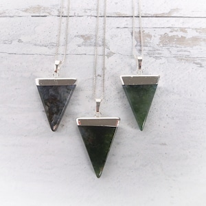 Moss Agate Necklace Sterling Silver • Moss Agate Necklace • Agate Triangle Pendant • Green and Clear Moss Agate Necklace • Holiday Gift