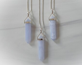 Blue Lace Gemstone Necklace, Genuine Blue Lace Agate, Blue Lace Agate Point Necklace, Sterling Blue Lace Agate Pendant, Gemstone Appeal, GSA