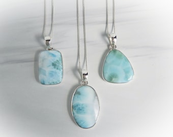 Larimar Necklace Sterling Silver • Caribbean Larimar Necklace • Dominican Stone Pendant • Gift For Her • Handnade One of a Kind Pendants