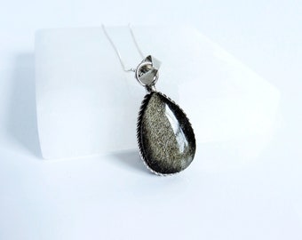 Collana di ossidiana, pendente di ossidiana, ossidiana dorata, collana in argento sterling, collana di ossidiana nera, fascino delle pietre preziose, GSA