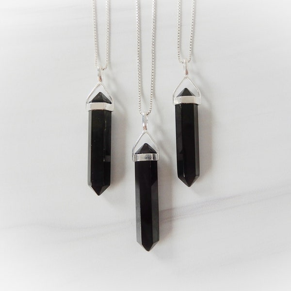 Collier de jais noir, pendentif en bois noir, jais noir véritable, jais sterling, pointe de pierre précieuse, cristal noir, pierre précieuse curative, attrait des pierres précieuses, GSA