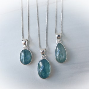 Kyanite Necklace Sterling Silver  •  Aqua Gemstone Necklace • Negative Energy Shield Stone • Heart Chakra Necklace • Gift for Crystal Lover