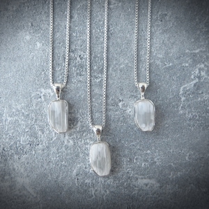 Selenite Necklace Sterling Silver • White Selenite Pendant • Genuine Natural Selenite • Sterling Selenite Necklace • Raw Crystal Necklace