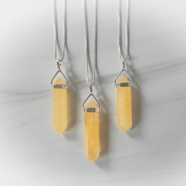 Natural Yellow Calcite Necklace, Honey Calcite Pendant, Orange Calcite Point, Sterling Calcite Pendant, Yellow Crystal, Gemstone Appeal, GSA