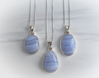 Blue Lace Agate Necklace, Sterling Silver Blue Lace Agate Pendant, Sterling Agate Necklace, Agate Gemstone Necklace, GemStoneAppeal, GSA