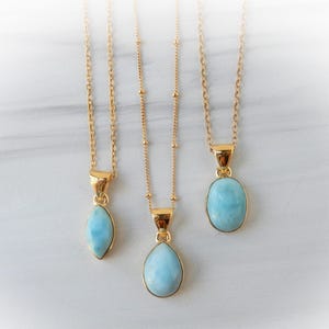 Larimar Halskette Gold • Kleiner Gold Larimar Anhänger • Gold Karibik Larimar Halskette