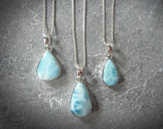 Larimar Pendant Necklace, 925 Sterling Silver Italian Chain, Large Blue ...