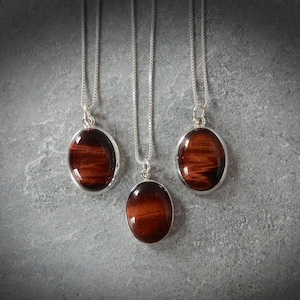 Red Tiger Eye Necklace • Sterling Silver Tigers Eye Pendant • Sacral Chakra Necklace • Natural Tiger&#39;s Eye Stone • Healing Crystal Necklace