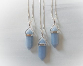 Angelite Necklace Sterling Silver • Blue Angelite Point • Sterling Gemstone Points • Healing Crystal Necklace • Layering Necklace