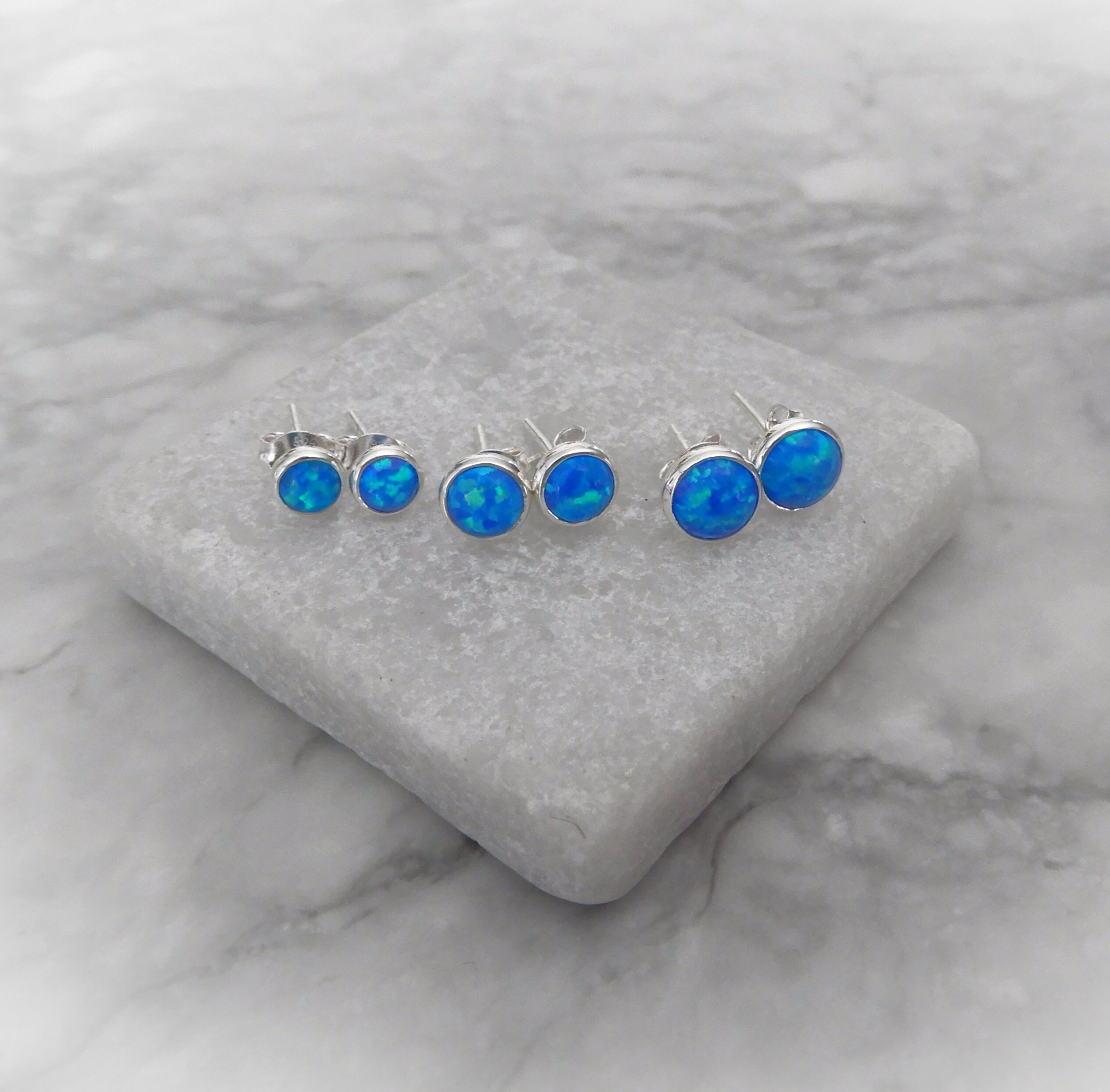 6mm Round Lab-Created Ocean Blue Fire Opal Stud Earrings – Silver Filled, Prong Setting, Nickel-Free