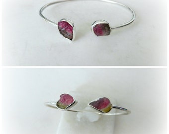 Tourmaline Bracelet Sterling Silver • Tourmaline Bangle • Watermelon Tourmaline Bracelet • October Birthstone • Raw Tourmaline Bangle