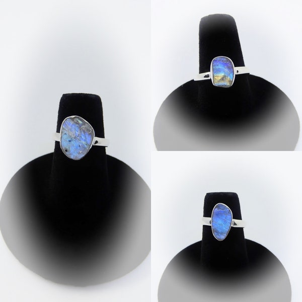 Rainbow Moonstone Ring, Sterling Silver Raw Moonstone Ring, Blue Flash Rainbow Moonstone Ring, Genuine Moonstone Ring, Gemstone Appeal, GSA