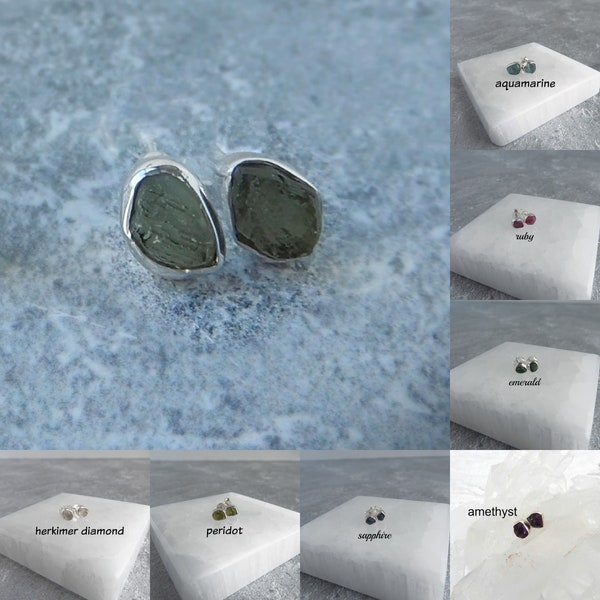 Raw Gemstone Stud Earrings, Rough Birthstone 925 Silver Studs, Genuine Gemstone Earring Sets, Rough Stone Bezel Studs, Gemstone Appeal, GSA