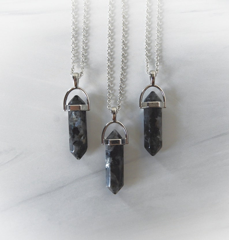 Gemstone Point Necklace, Labradorite Necklace, Black Labradorite Pendant, Larvikite Point Necklace, Healing Gemstone, Gemstone Appeal, GSA image 1