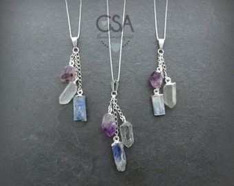 Amethyst Kyanite and Clear Quartz Crystal Triple Stone Necklace Sterling Silver • Raw Triple  Gemstone Necklaces • Gift for Crystal Lover