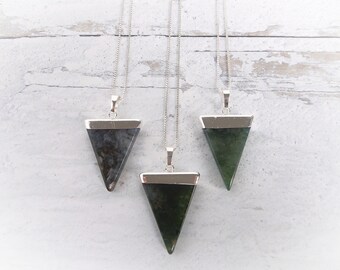 Moss Agate Necklace, Sterling Silver Moss Agate Necklace, Agate Triangle Pendant, Green and Clear Moss Agate Necklace, Gemstone Appeal, GSA