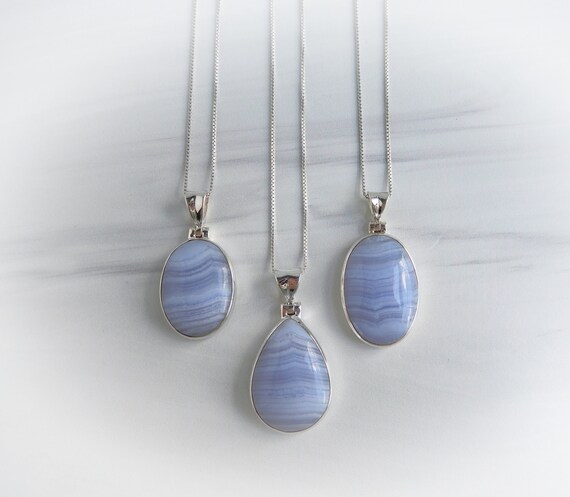 Blue Lace Agate Necklace Sterling Silver Blue Lace Agate Pendant