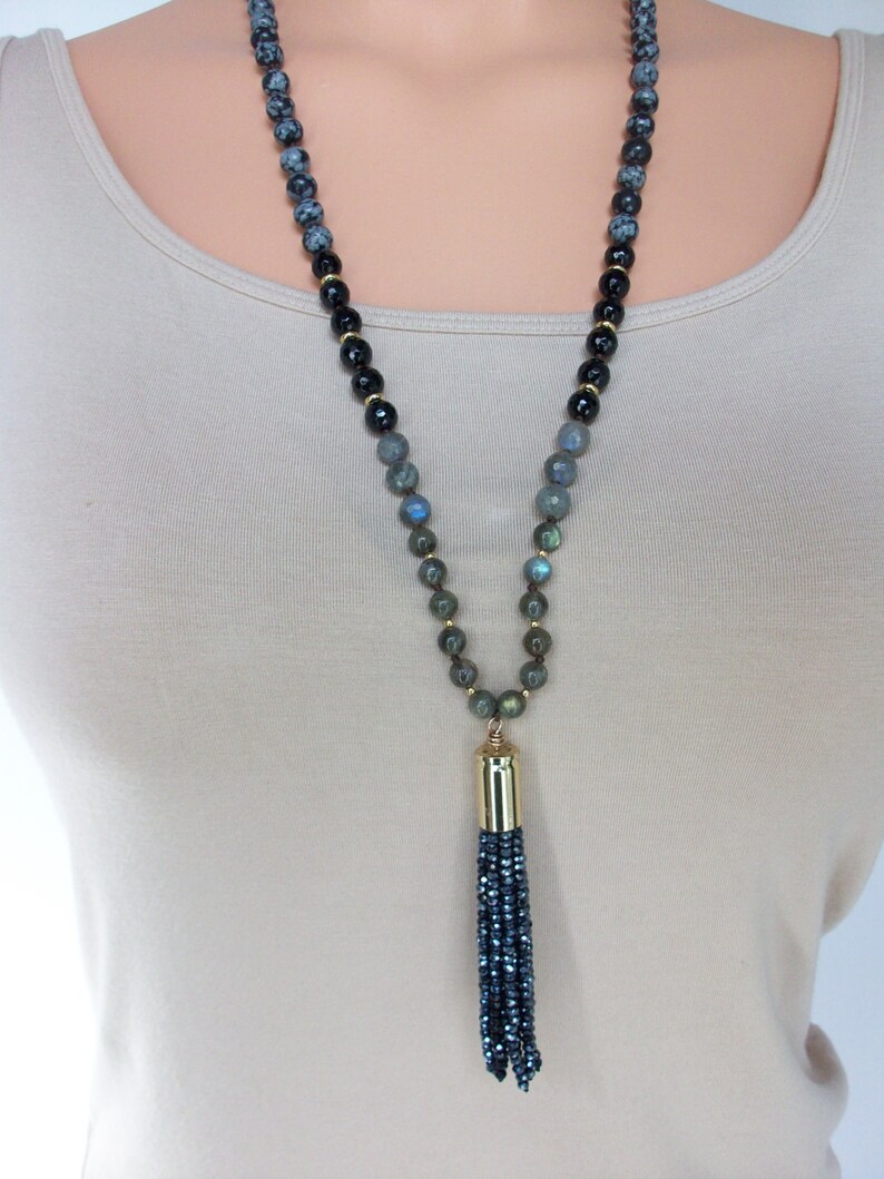 GSA Obsidian Necklace Beaded Necklace Gemstone Appeal bead Tassel Necklace Hand Knotted Necklace Labradorite Necklace Tassel Necklace